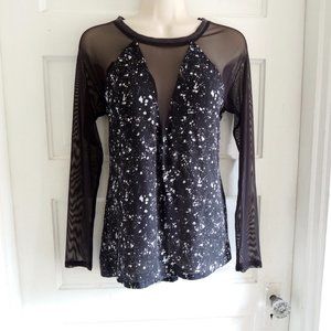 UO Silence + Noise Black & White Knit & Mesh Splatter Print Top M